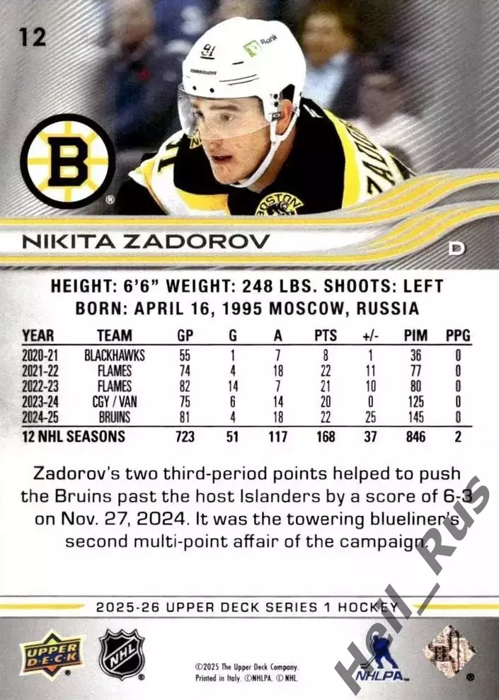 Хоккей. Карточка Никита Задоров Boston Bruins/Бостон Брюинз, ЦСКА Москва НХЛ/NHL 1