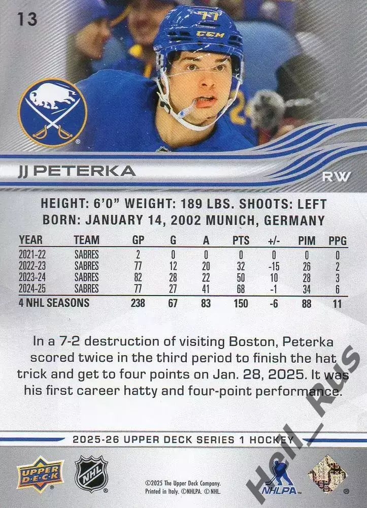 Карточка JJ Peterka/Джон-Джейсон Петерка (Buffalo Sabres/Баффало Сейбрз) НХЛ-NHL 1