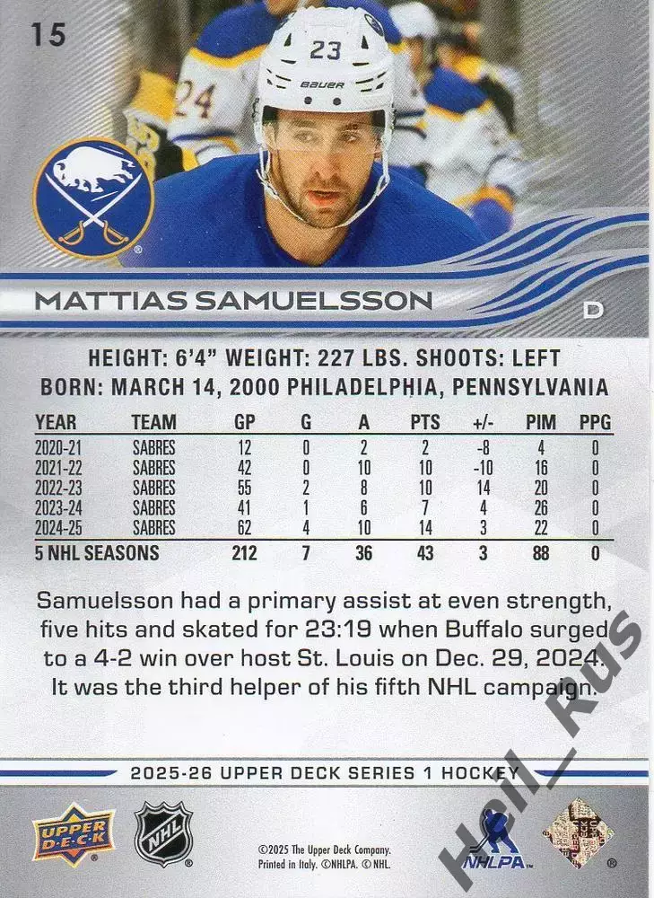 Карточка Mattias Samuelsson/Маттиас Самуэльссон (Buffalo Sabres/Баффало) NHL НХЛ 1