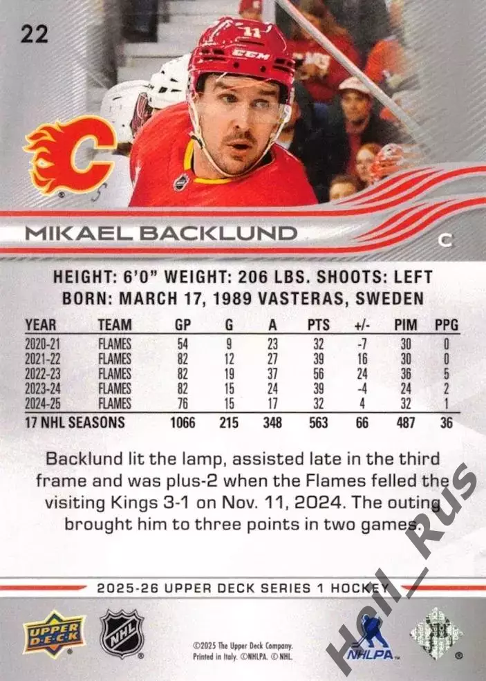 Карточка Mikael Backlund/Микаэль Баклунд (Calgary Flames/Калгари Флэймз) НХЛ-NHL 1