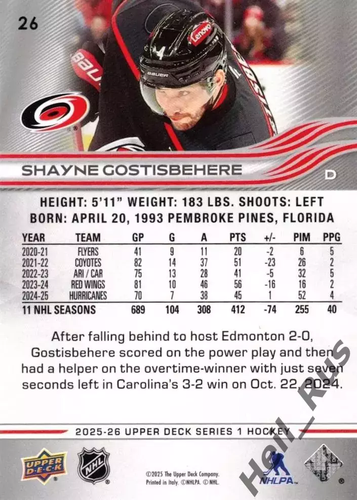 Карточка S. Gostisbehere/Шейн Гостисбеер (Carolina Hurricanes/Каролина) НХЛ/NHL 1
