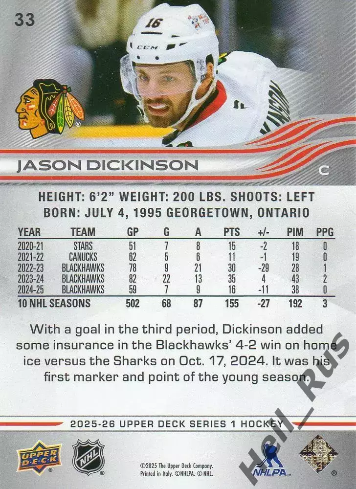 Карточка Dickinson/Джейсон Дикинсон (Chicago Blackhawks/Чикаго Блэкхокс) НХЛ/NHL 1