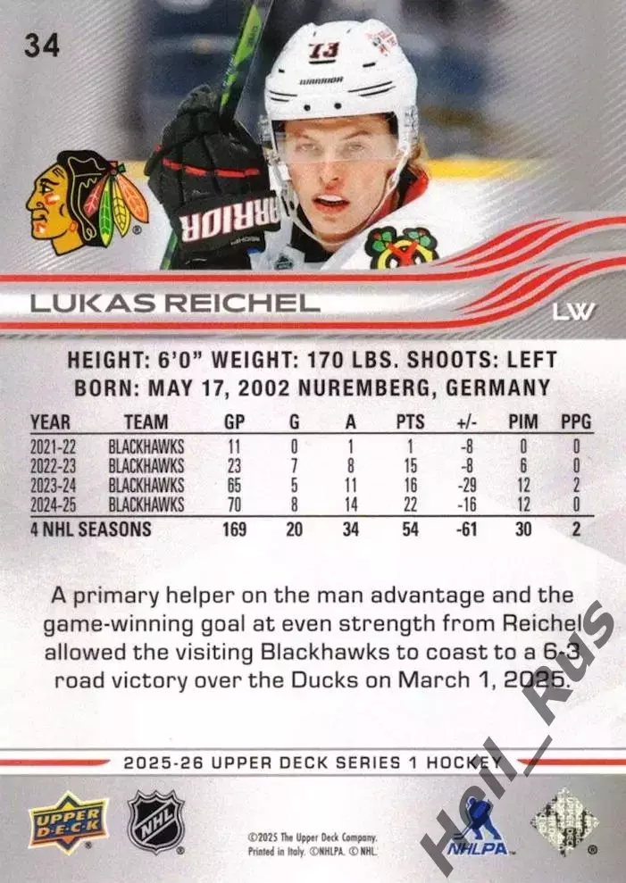 Карточка Lukas Reichel/Лукас Райхель Chicago Blackhawks/Чикаго Блэкхокс, NHL/НХЛ 1