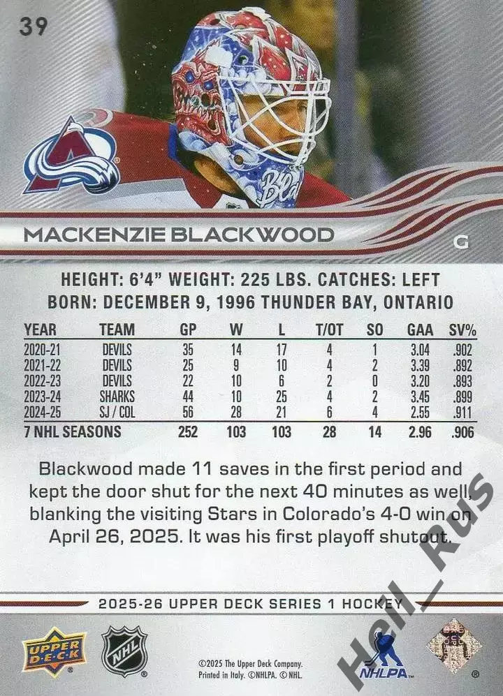 Карточка Blackwood/Маккензи Блэквуд Colorado Avalanche/Колорадо Эвеланш НХЛ/NHL 1