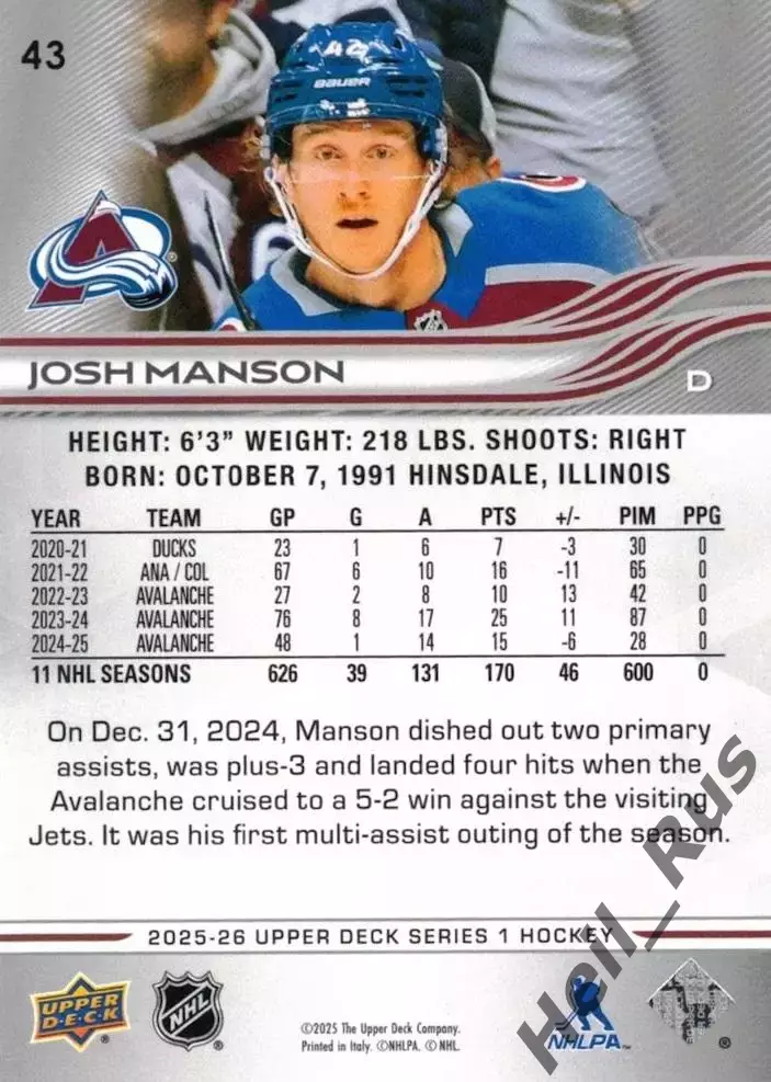 Карточка Josh Manson/Джош Мэнсон (Colorado Avalanche/Колорадо Эвеланш) НХЛ/NHL 1