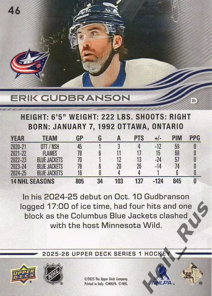Карточка Erik Gudbranson/Эрик Гудбрансон Columbus Blue Jackets/Коламбус NHL/НХЛ 1