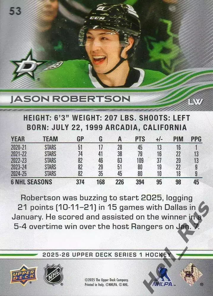 Карточка Jason Robertson/Джейсон Робертсон (Dallas Stars / Даллас Старз) NHL-НХЛ 1