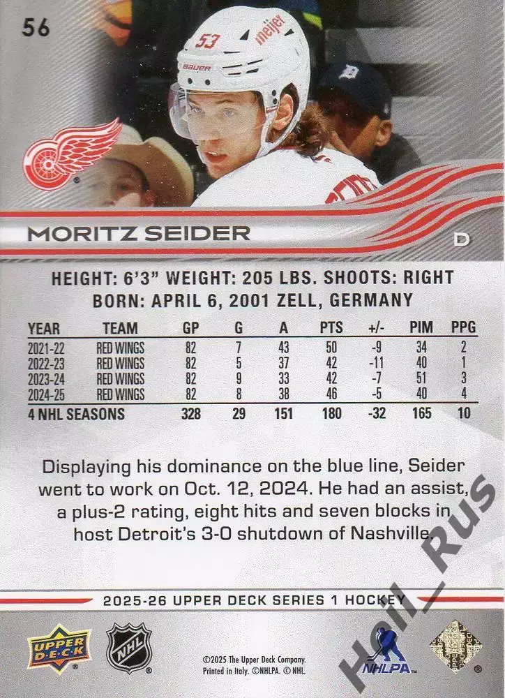 Карточка Moritz Seider/Мориц Зайдер Detroit Red Wings/Детройт Ред Уингз; NHL/НХЛ 1