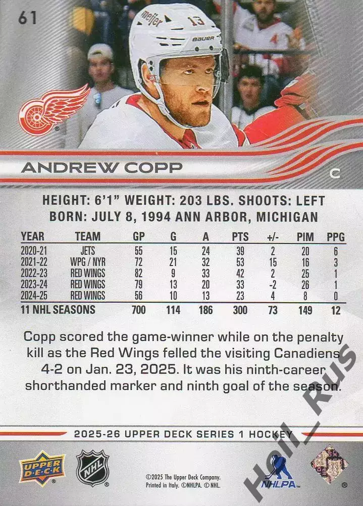 Карточка Andrew Copp/Эндрю Копп (Detroit Red Wings / Детройт Ред Уингз) НХЛ/NHL 1
