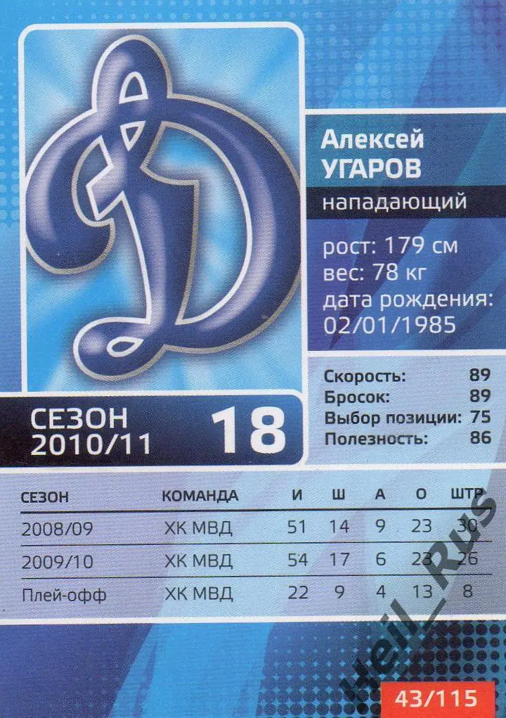 Хоккей. Карточка Алексей Угаров (Динамо Москва) КХЛ/KHL сезон 2010/11 1
