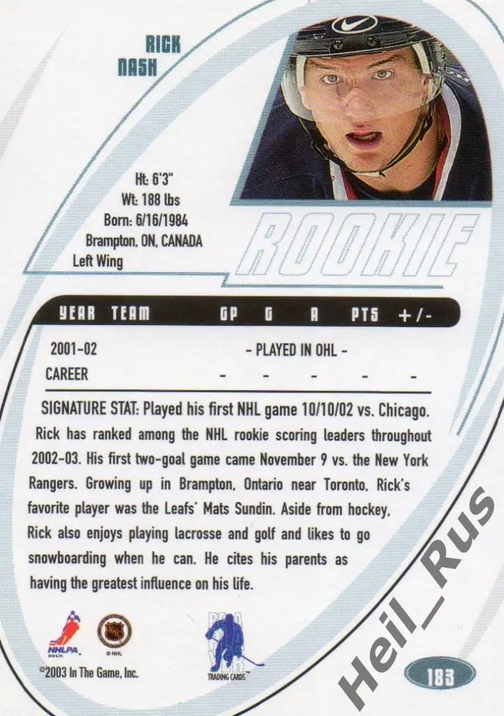 Хоккей; Карточка Rick Nash / Рик Нэш (Columbus Blue Jackets / Коламбус) НХЛ/NHL 1