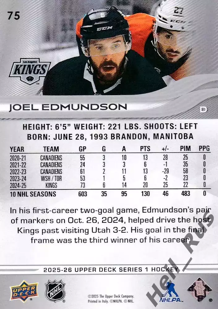 Карточка Edmundson/Джоэль Эдмундсон Los Angeles Kings/Лос-Анджелес Кингз НХЛ/NHL 1