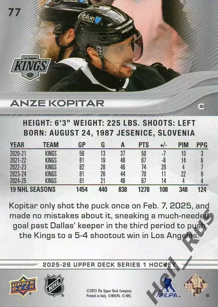 Карточка Anze Kopitar/Анже Копитар Los Angeles Kings/Лос-Анджелес Кингз; НХЛ/NHL 1