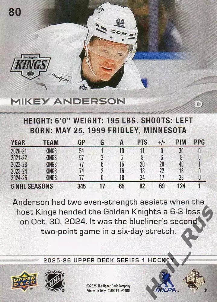 Карточка Anderson / Мики Андерсон (Los Angeles Kings/Лос-Анджелес Кингз) НХЛ/NHL 1