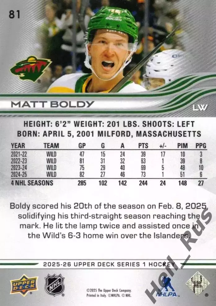 Хоккей Карточка Matt Boldy/Мэттью Болди (Minnesota Wild/Миннесота Уайлд) НХЛ/NHL 1
