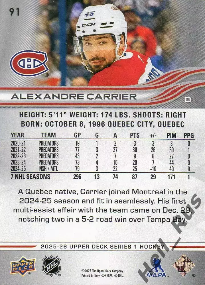 Карточка Carrier/Александр Каррье Montreal Canadiens/Монреаль Канадиенс NHL/НХЛ 1