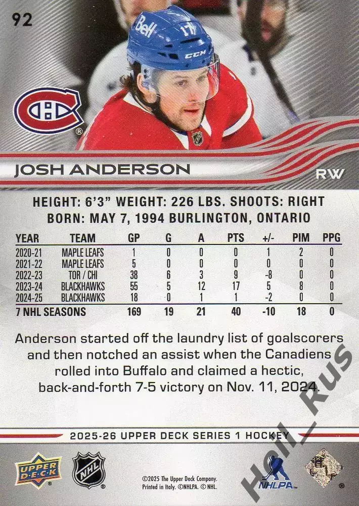 Хоккей; Карточка Josh Anderson/Джош Андерсон Montreal Canadiens/Монреаль NHL/НХЛ 1