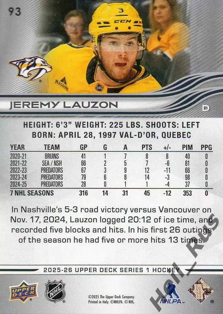 Карточка J. Lauzon/Джереми Лозон (Nashville Predators/Нэшвилл Предаторз) НХЛ/NHL 1