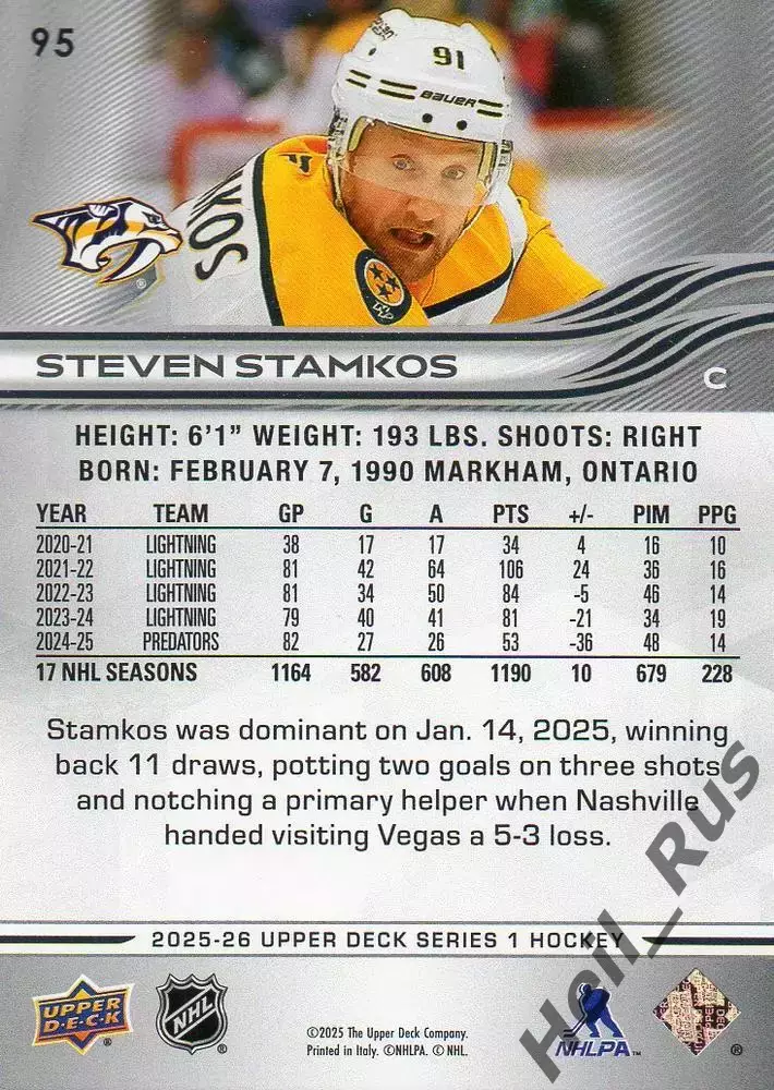 Карточка Stamkos/Стивен Стэмкос (Nashville Predators/Нэшвилл Предаторз) НХЛ/NHL 1
