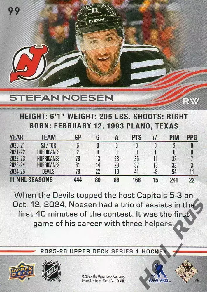 Карточка Stefan Noesen/Стефан Нейсен New Jersey Devils/Нью-Джерси Девилз НХЛ/NHL 1