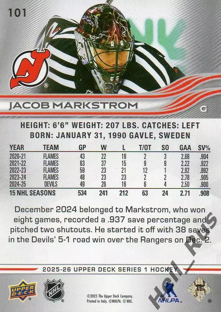 Карточка J. Markstrom/Якоб Маркстрем New Jersey Devils/Нью-Джерси Девилз НХЛ/NHL 1