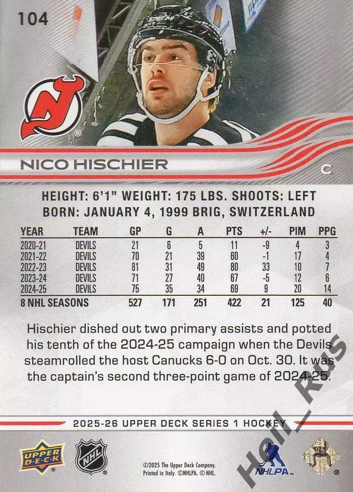 Карточка Nico Hischier/Нико Хишир (New Jersey Devils/Нью-Джерси Девилз) НХЛ NHL 1