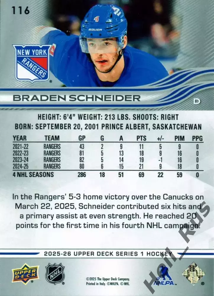 Карточка Schneider/Брэйден Шнайдер (New York Rangers/Нью-Йорк Рейнджерс) НХЛ/NHL 1