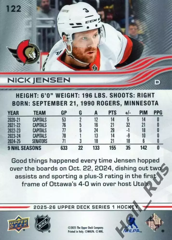 Хоккей. Карточка Nick Jensen/Ник Дженсен Ottawa Senators/Оттава Сенаторз НХЛ/NHL 1