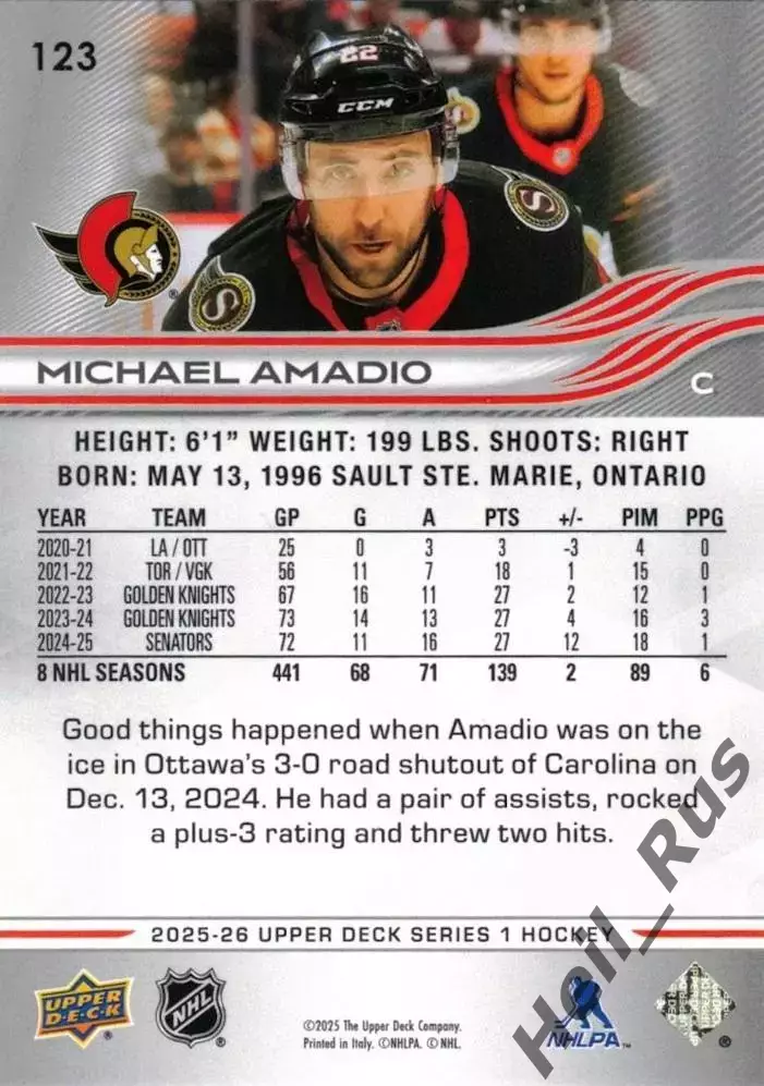 Карточка Michael Amadio/Майкл Амадио (Ottawa Senators/Оттава Сенаторз) НХЛ/NHL 1