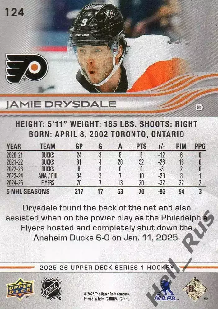 Карточка Jamie Drysdale/Джейми Драйсдейл Philadelphia Flyers/Филадельфия НХЛ/NHL 1