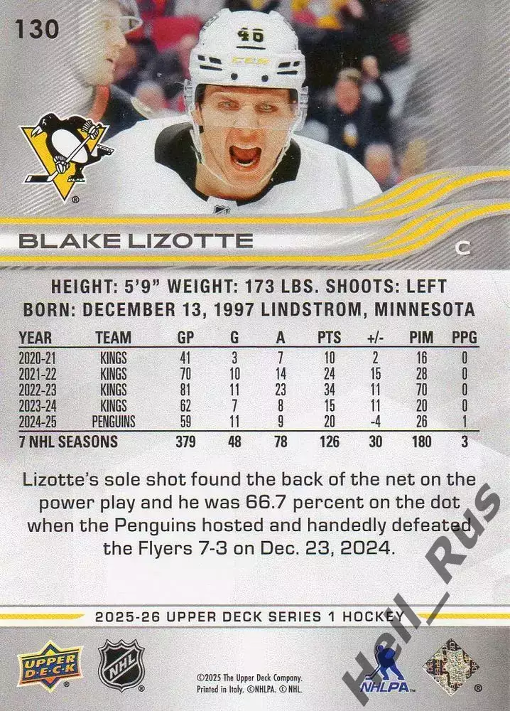 Карточка B. Lizotte/Блейк Лизотт Pittsburgh Penguins/Питтсбург Пингвинз НХЛ/NHL 1