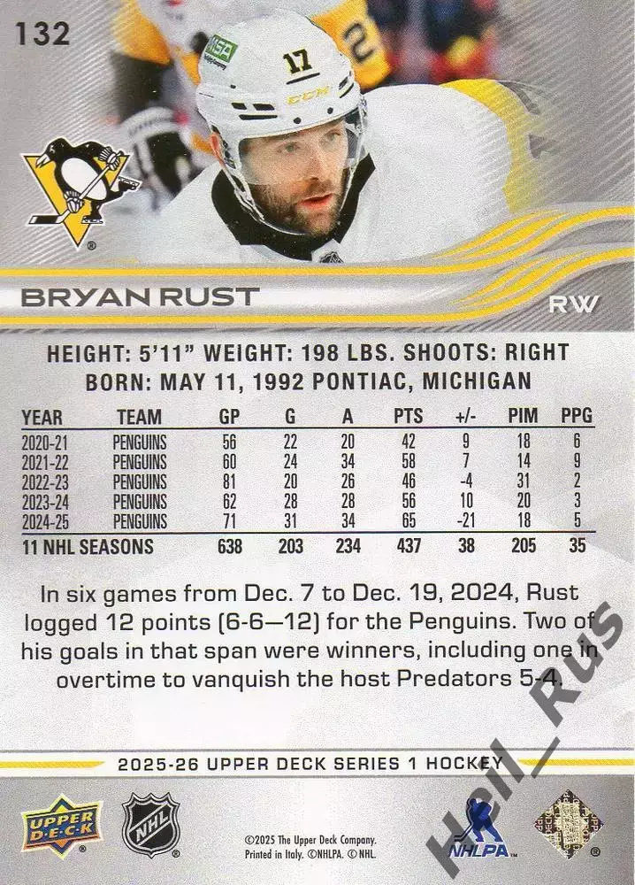 Карточка Bryan Rust/Брайан Раст (Pittsburgh Penguins/Питтсбург Пингвинз) НХЛ NHL 1
