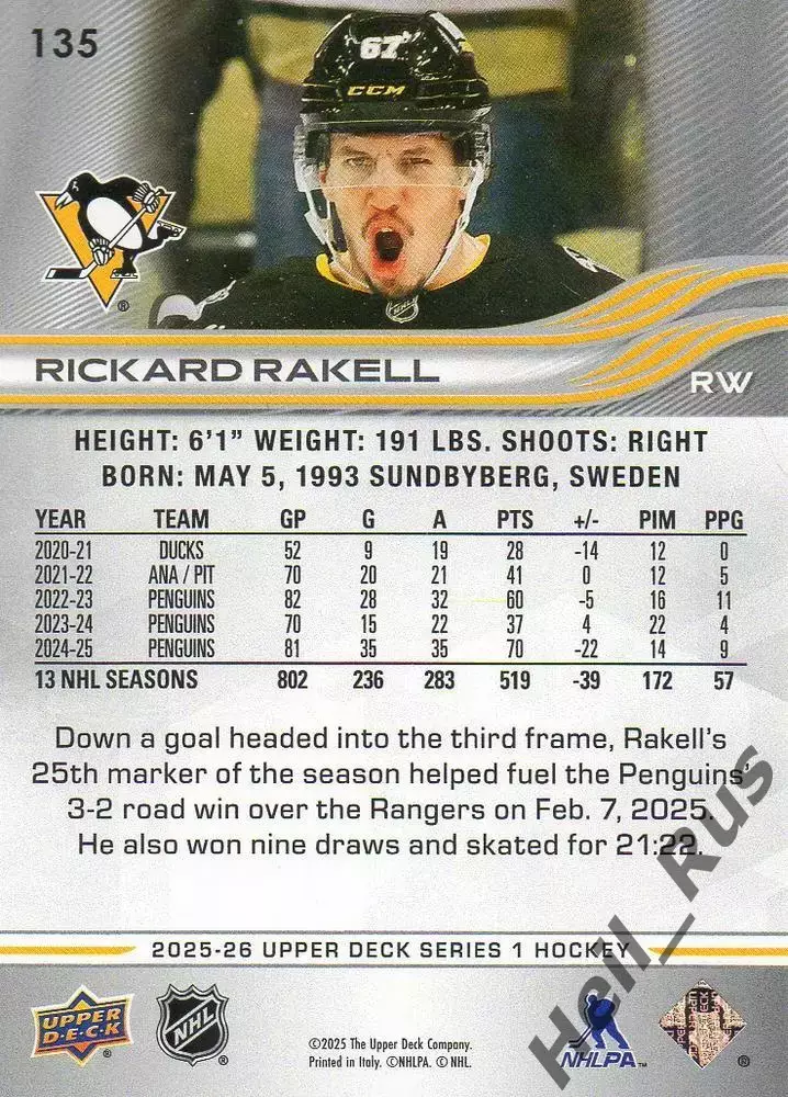 Карточка Rakell/Рикард Ракелль (Pittsburgh Penguins/Питтсбург Пингвинз) НХЛ/NHL 1