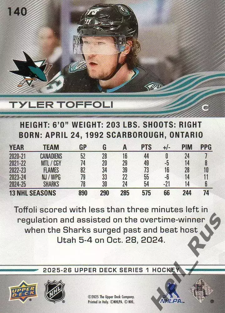 Карточка Tyler Toffoli/Тайлер Тоффоли (San Jose Sharks/Сан-Хосе Шаркс) НХЛ/NHL 1