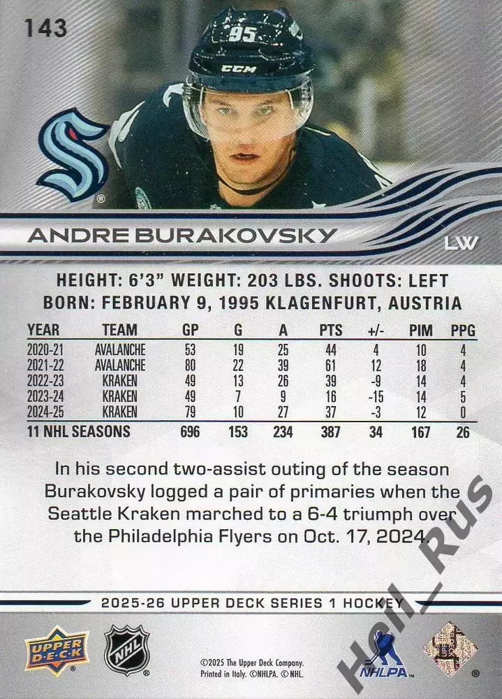 Карточка Andre Burakovsky/Андре Бураковски (Seattle Kraken/Сиэтл Кракен) NHL/НХЛ 1