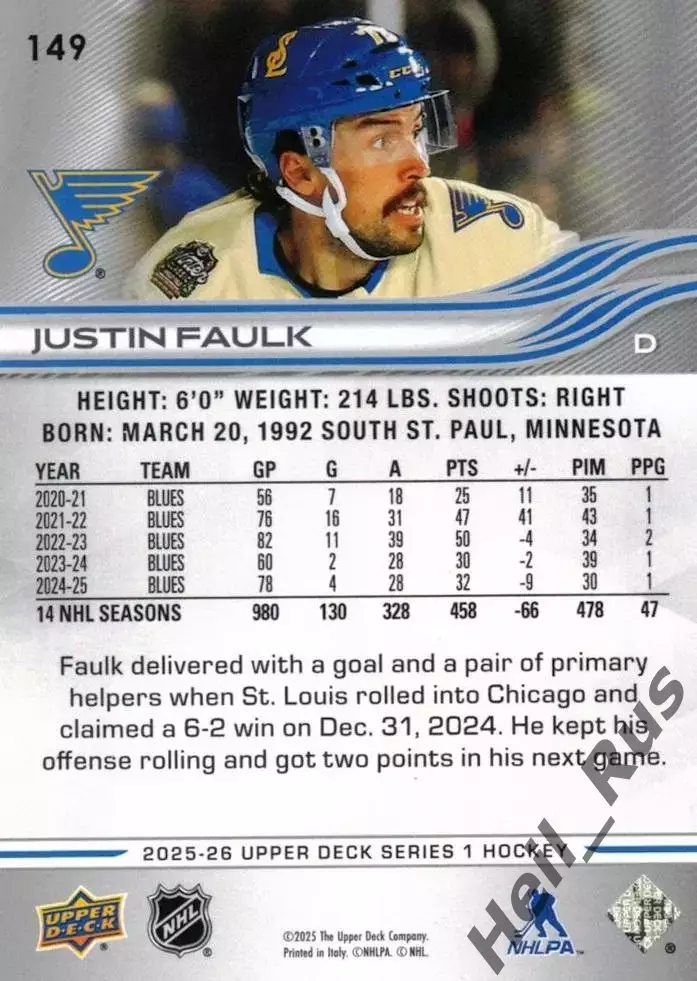 Хоккей Карточка Justin Faulk/Джастин Фолк St. Louis Blues/Сент-Луис Блюз NHL/НХЛ 1