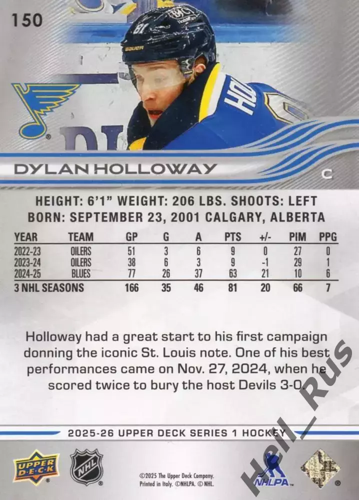 Карточка Dylan Holloway/Дилан Холлоуэй (St. Louis Blues/Сент-Луис Блюз) NHL/НХЛ 1