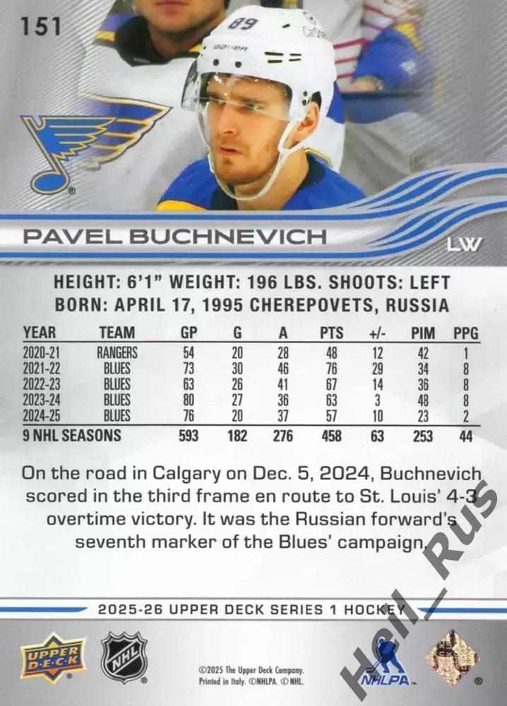 Карточка Павел Бучневич St Louis Blues/Сент-Луис Блюз Северсталь/СКА NHL/НХЛ КХЛ 1