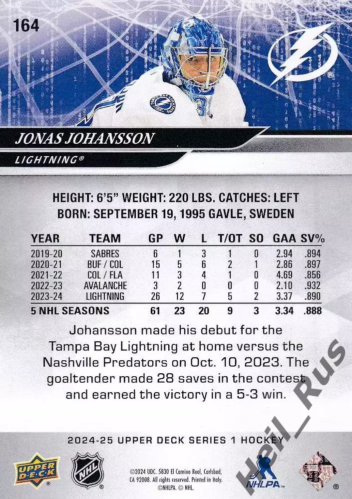 Карточка Jonas Johansson/Юнас Юханссон (Tampa Bay Lightning/Тампа-Бэй) НХЛ/NHL 1