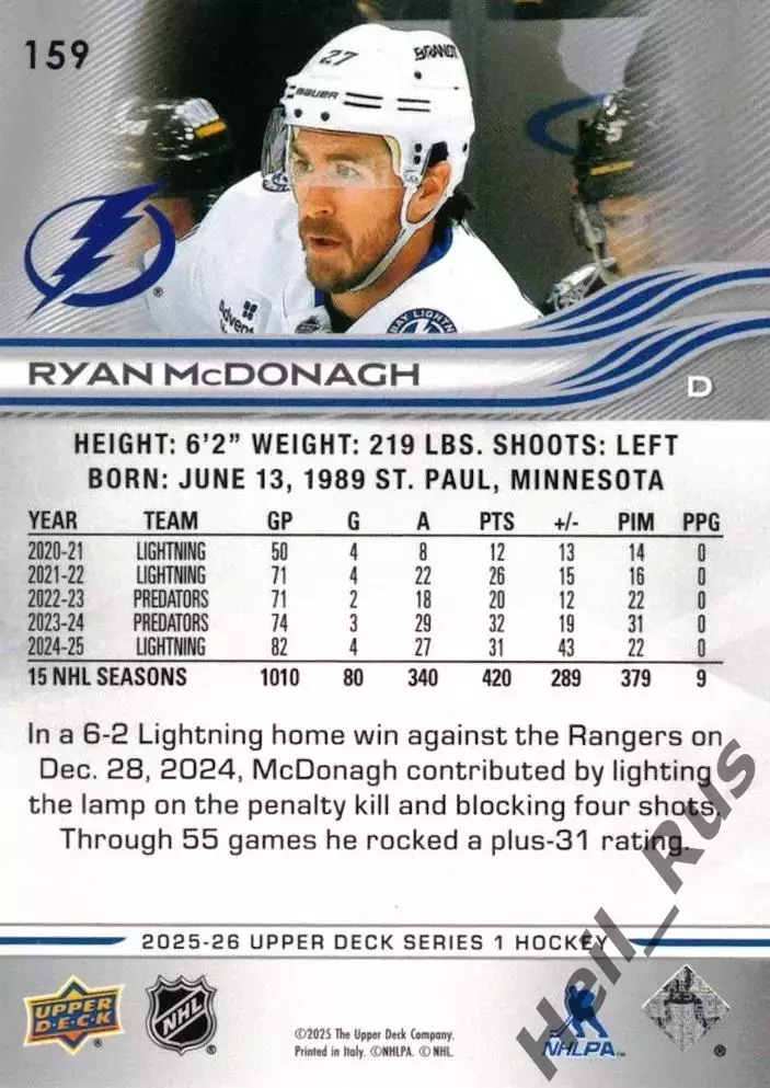 Карточка Райан Макдона Tampa Bay Lightning/Тампа-Бэй Лайтнинг, Барыс НХЛ/NHL/КХЛ 1