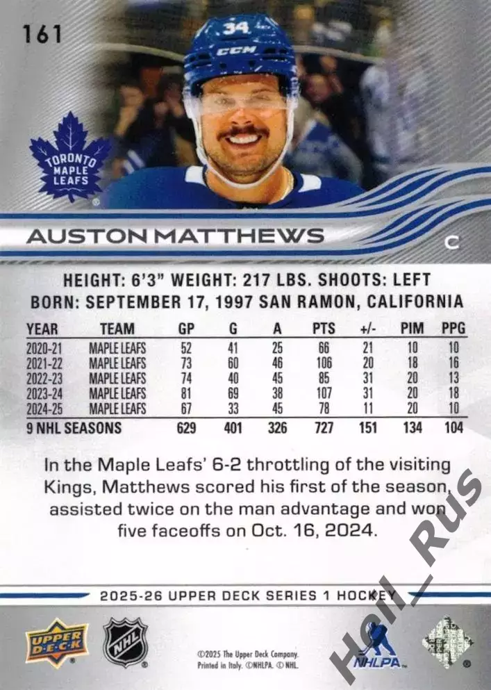 Карточка Auston Matthews/Остон Мэттьюс (Toronto Maple Leafs / Торонто) НХЛ/NHL 1
