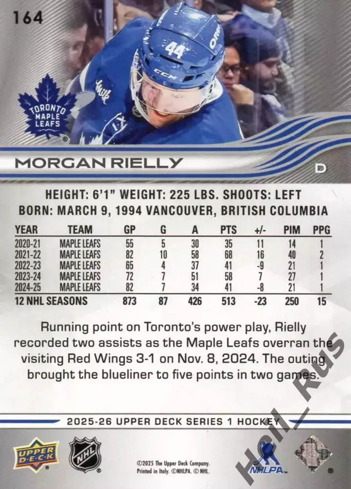 Хоккей Карточка Morgan Rielly/Морган Райлли Toronto Maple Leafs/Торонто, NHL/НХЛ 1