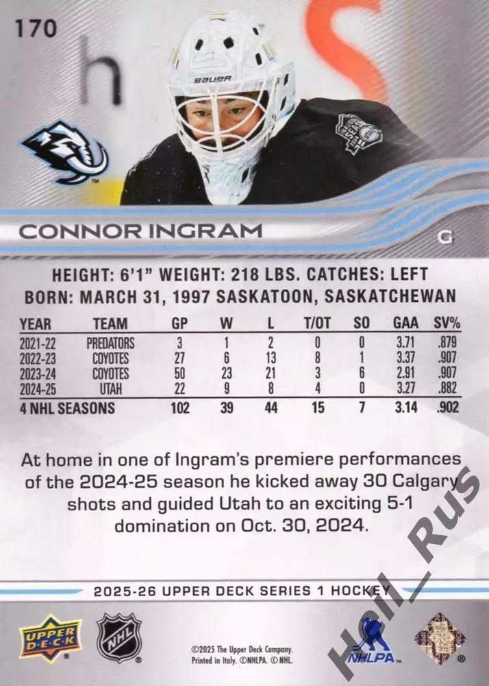 Хоккей. Карточка Connor Ingram/Коннор Ингрэм (Utah Mammoth/Юта Маммот) НХЛ/NHL 1