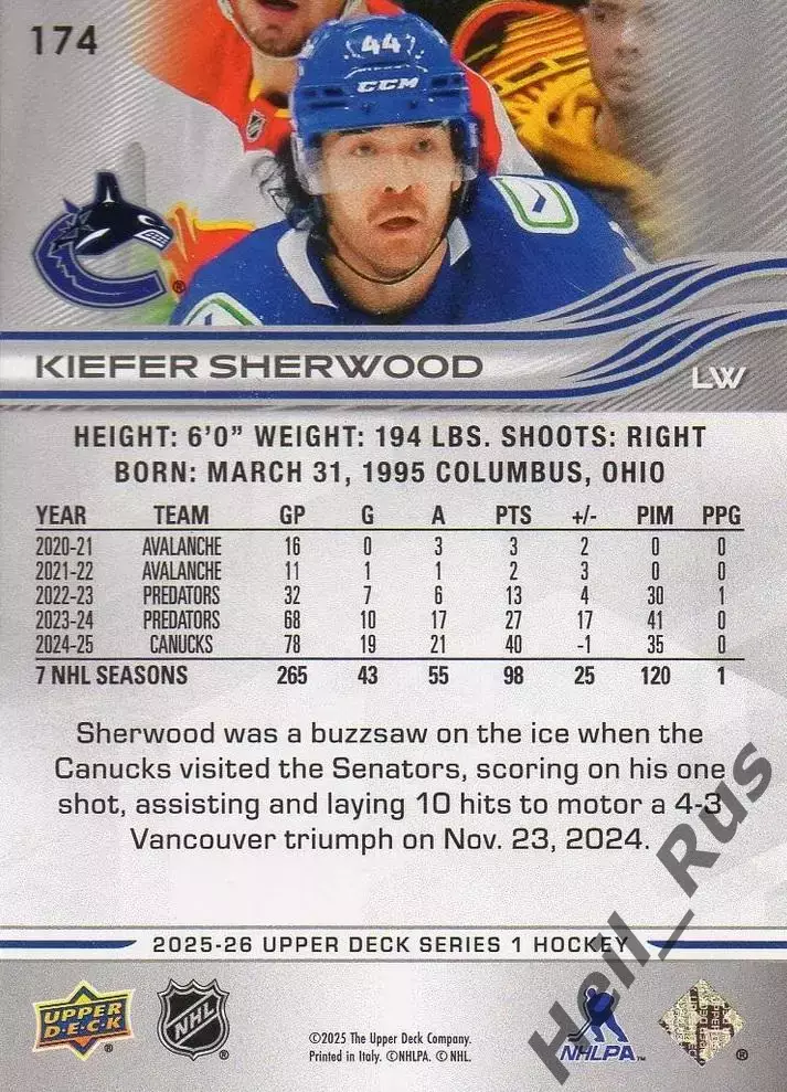 Карточка Kiefer Sherwood/Кифер Шервуд Vancouver Canucks/Ванкувер Кэнакс НХЛ/NHL 1