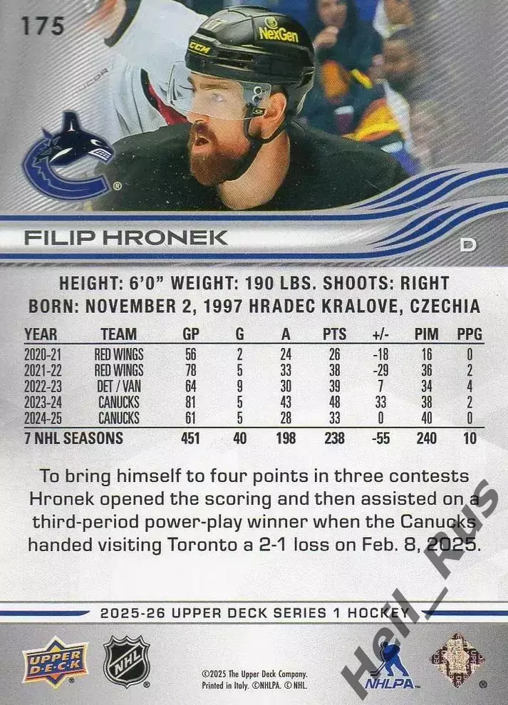 Карточка Filip Hronek / Филип Гронек (Vancouver Canucks/Ванкувер Кэнакс) НХЛ/NHL 1