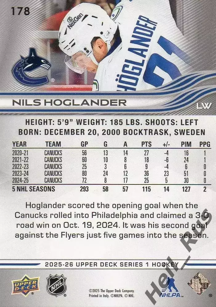 Карточка Hoglander/Нильс Хегландер (Vancouver Canucks/Ванкувер Кэнакс) НХЛ/NHL 1