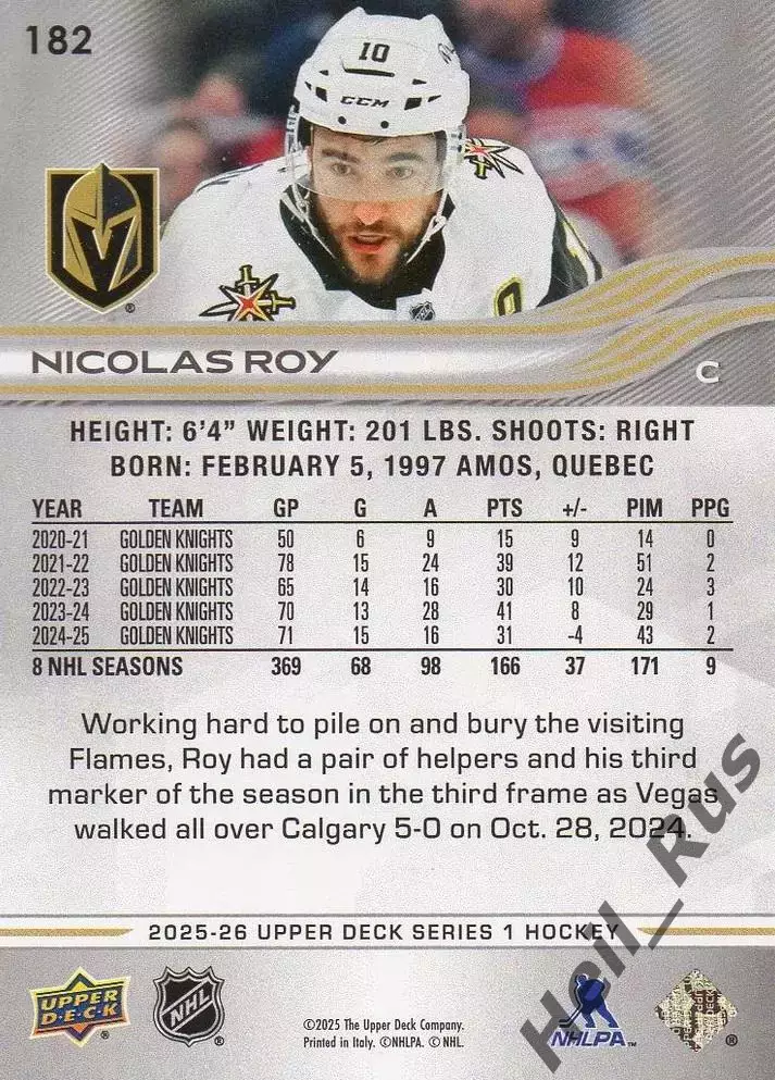 Хоккей. Карточка Nicolas Roy / Николя Руа (Vegas Golden Knights/Вегас) НХЛ/NHL 1