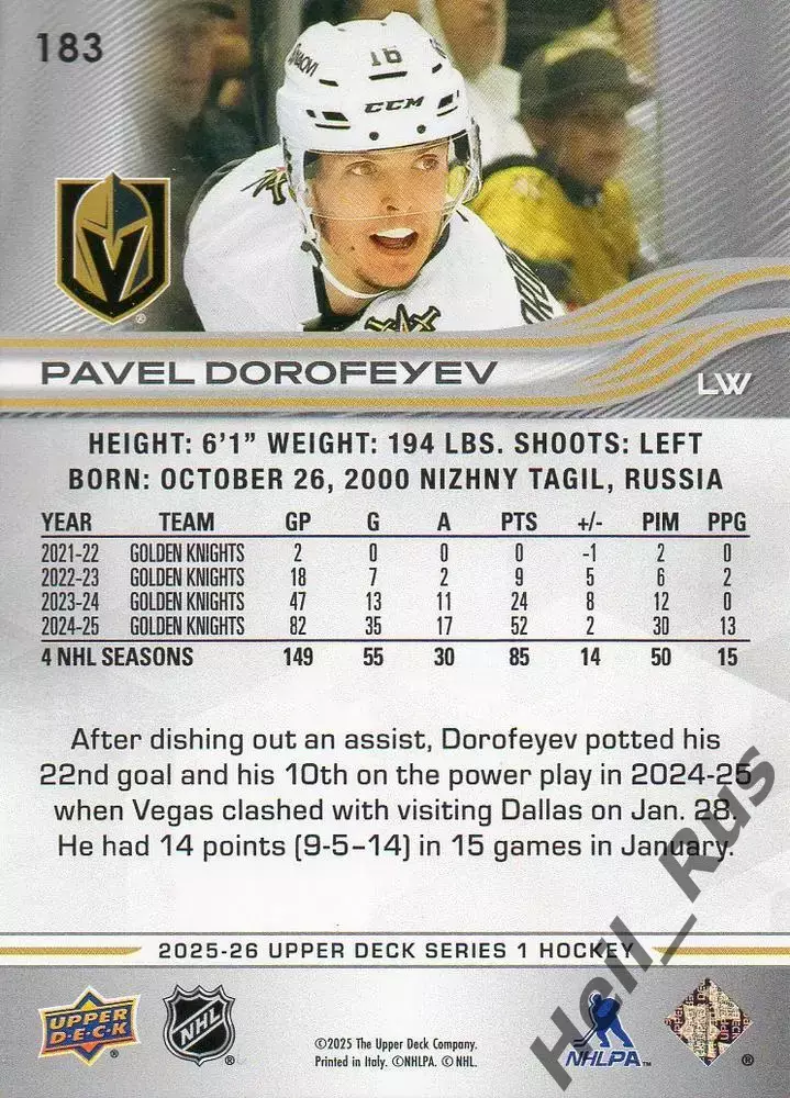 Хоккей. Карточка Павел Дорофеев Вегас/Металлург Магнитогорск/Трактор НХЛ/NHL/КХЛ 1