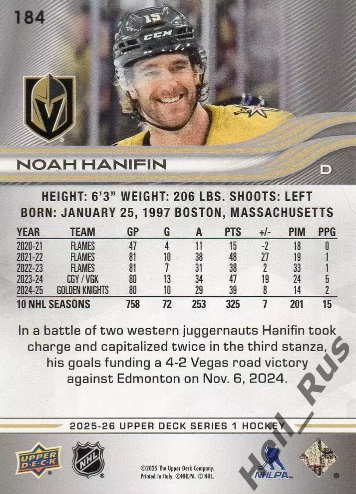 Хоккей. Карточка Noah Hanifin/Ноа Ханифин (Vegas Golden Knights / Вегас) НХЛ/NHL 1