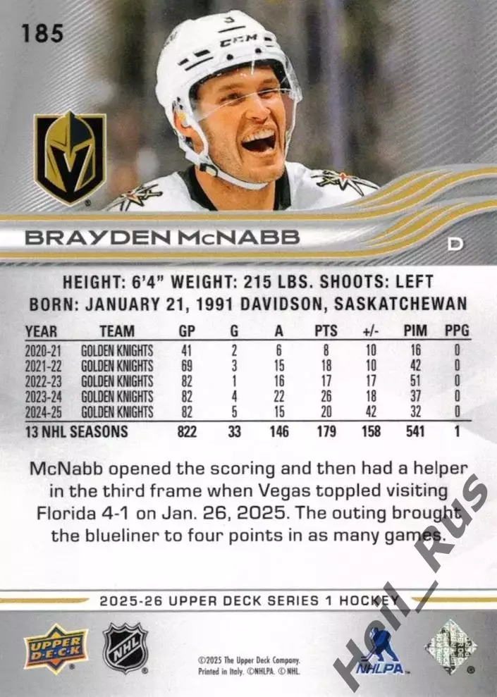 Карточка Brayden McNabb/Брэйден Макнэбб (Vegas Golden Knights / Вегас) НХЛ/NHL 1